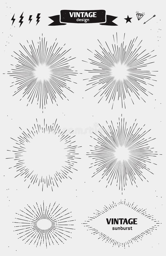 Set of Vintage monochrome Sun Burst, Starburst. Vector vintage design elements