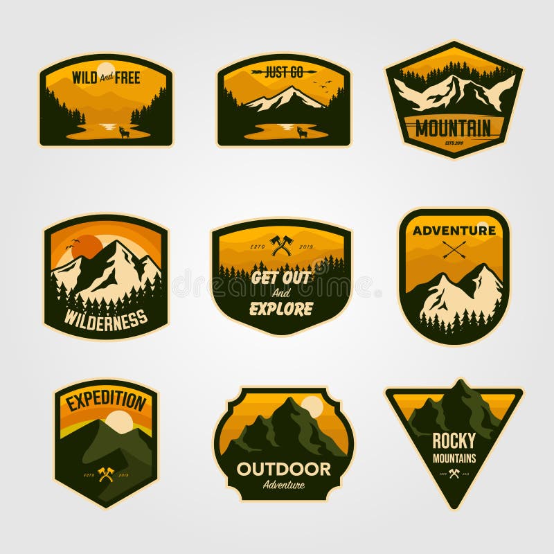 Travel badge, outdoor activity logo collection. Scout camp emblem set.  Vintage hand drawn travel badge design. Stock vector illustration,  insignias, rustic patches. Isolated on white background Stock Vector