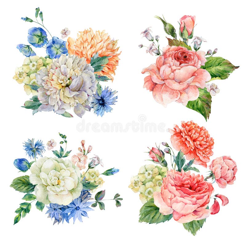 Set of vintage watercolor roses and peonies