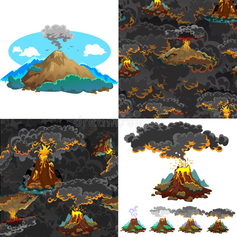 Set volcanoes różni stopnie erupcja, niebezpieczny vulcan, salut od magma popiółów, dosypiania lub obudzenia, i royalty ilustracja Set volcanoes różni stopnie erupcja, niebezpieczny vulcan, salut od magma popiółów, dosypiania lub obudzenia, i royalty ilustracja
