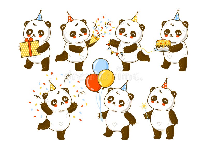 Set von niedlichen Panda-Bären isoliert auf weißen Cartoon-Figuren zum Geburtstag Design
