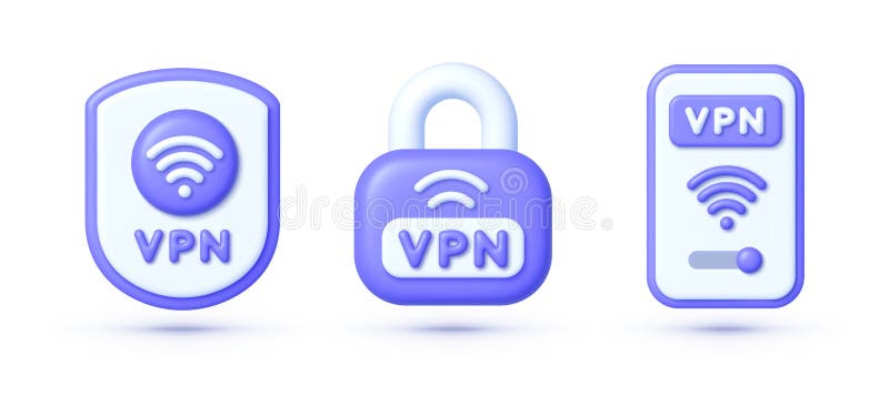 Set VPN icons in 3d style. Vpn Shield and lock with vpn icon. Safe for wifi and server. Wifi internet signal symbols in stock illustration