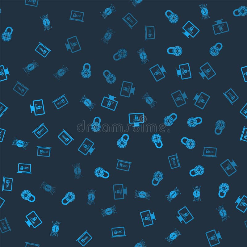 Set VPN with microchip circuit, Safe combination lock wheel, Monitor password and Laptop on seamless pattern. Vector royalty free illustration