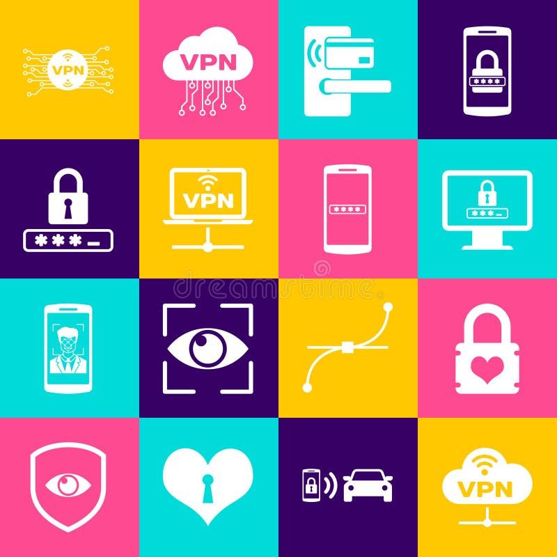 Set VPN Network cloud connection, Padlock with heart, Monitor password, Digital door wireless, Computer network and royalty free illustration
