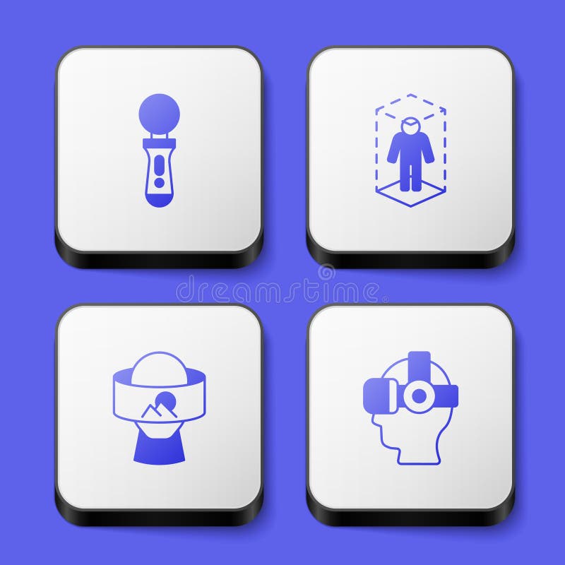 Set VR controller game, 3d modeling, Virtual reality glasses and icon. White square button. Vector stock illustration