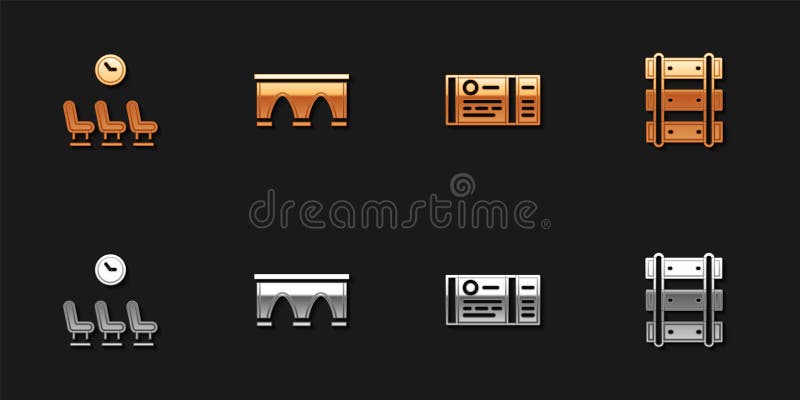 Set Waiting room, Bridge for train, Train ticket and Railway, railroad track icon. Vector royalty free illustration