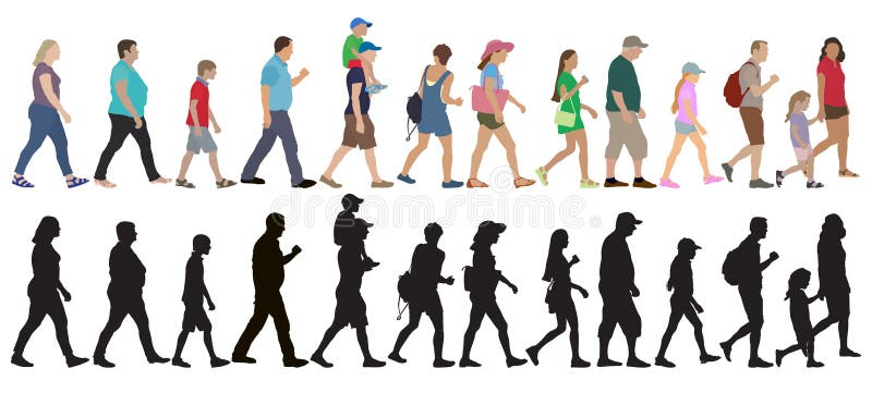 Set of walking people crowd and silhouettes, isolated. Vector illustration