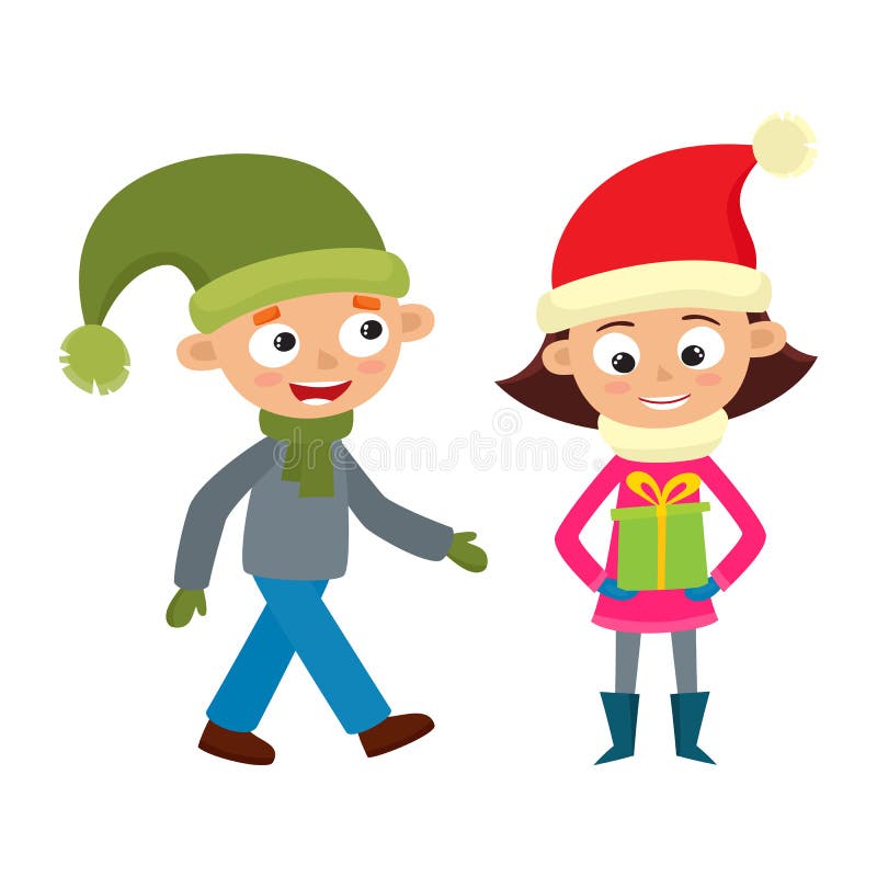 Set of walking young teenage in winter clothes. Girl with gift, walking boy. Vector illustration of hipster kid in cartoon style. Set of walking young teenage in winter clothes. Girl with gift, walking boy. Vector illustration of hipster kid in cartoon style.