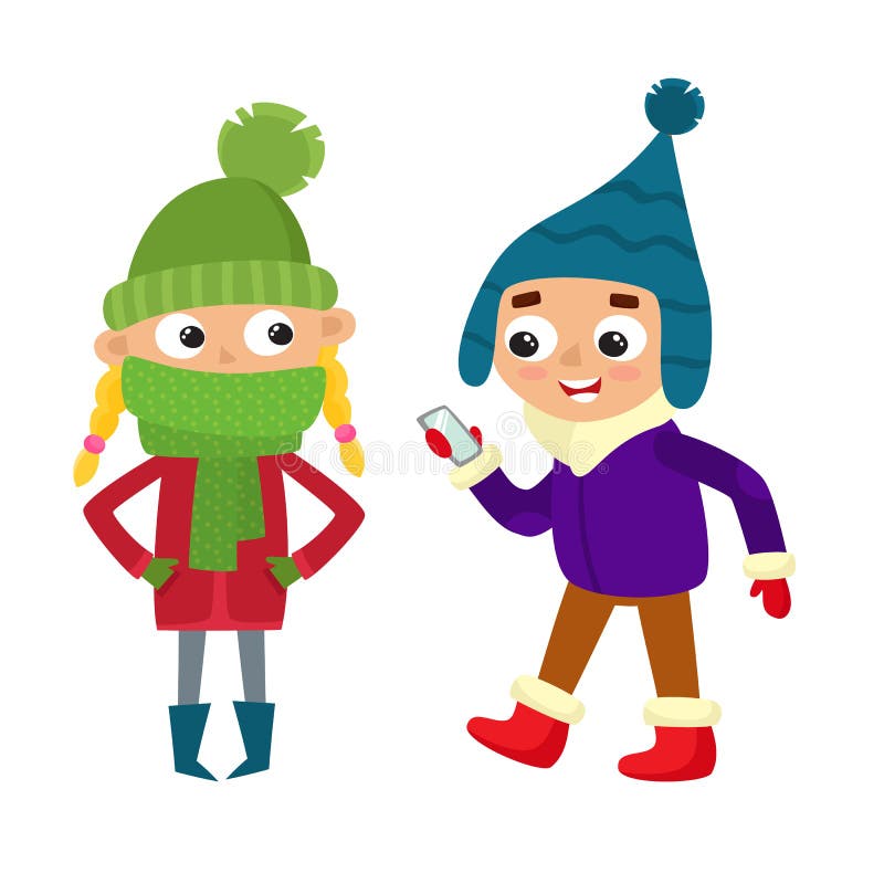 Set of walking young teenages in winter clothes. Boy with mobile, standing girl. Vector illustration of hipster kid in cartoon style.