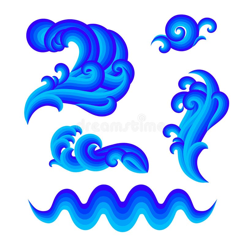 Vector illustration of sea and ocean waves on white. Set of design elements for logos and icons in deep dark blue color. Various water splashes and drops. Concept of fresh, clean, purity. Vector illustration of sea and ocean waves on white. Set of design elements for logos and icons in deep dark blue color. Various water splashes and drops. Concept of fresh, clean, purity