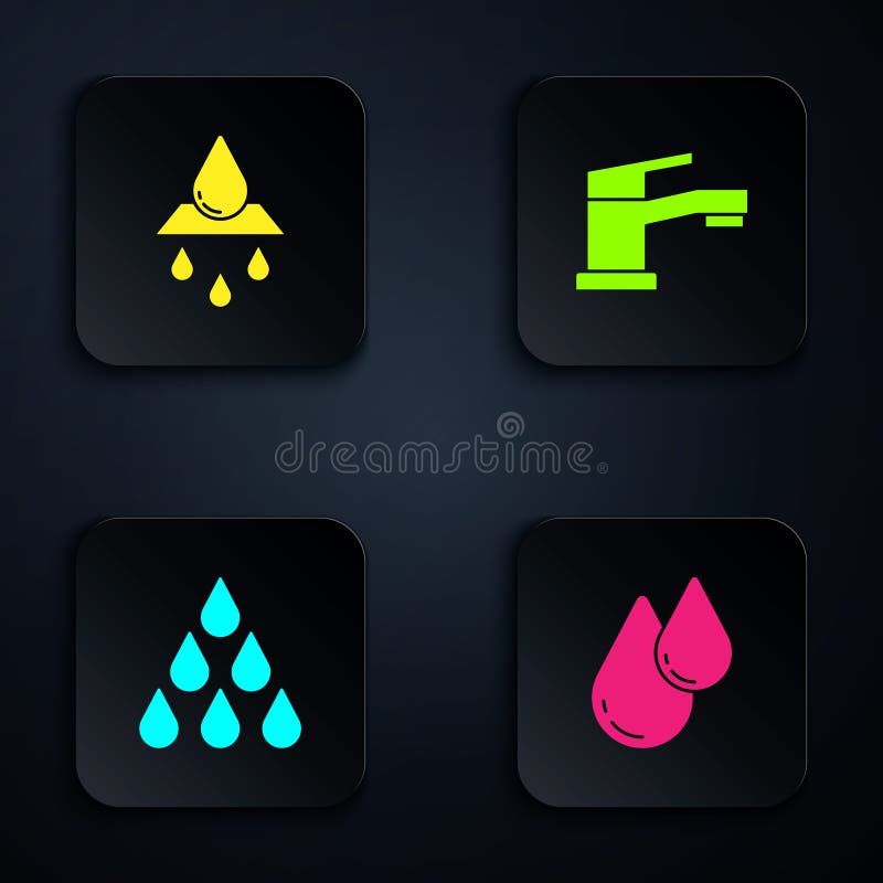 Set Water Drop, Recycle Clean Aqua, and Tap. Black Square Button Stock