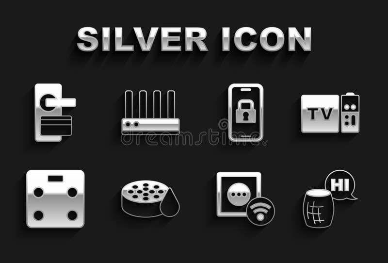 Set Water sensor Multimedia and TV box receiver Voice assistant Smart electrical outlet bathroom scales Digital door lock and Router wi-fi signal icon. Vector. Set Water sensor Multimedia and TV box receiver Voice assistant Smart electrical outlet bathroom scales Digital door lock and Router wi-fi signal icon. Vector.