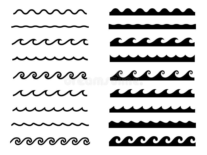 Set of water wave icons, seamless wave pattern set