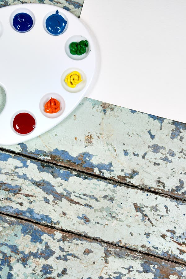 Set of watercolor aquarell rainbow paints and brushes on vintage royalty free stock image Set of watercolor aquarell rainbow paints and brushes on vintage royalty free stock image