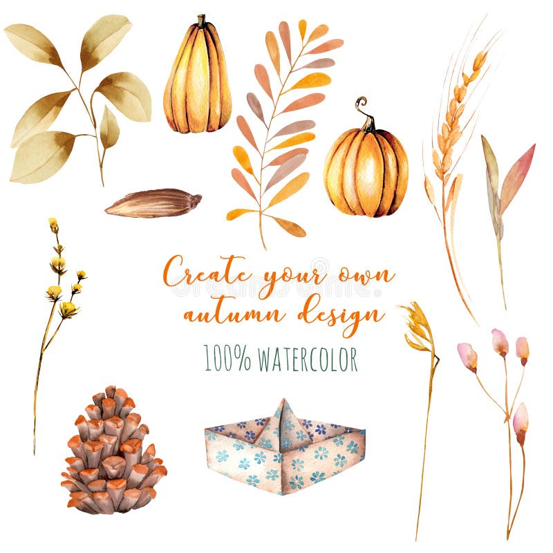 Set of watercolor autumn elements: pumpkins, fir cones, wheat spikes, yellow leaves