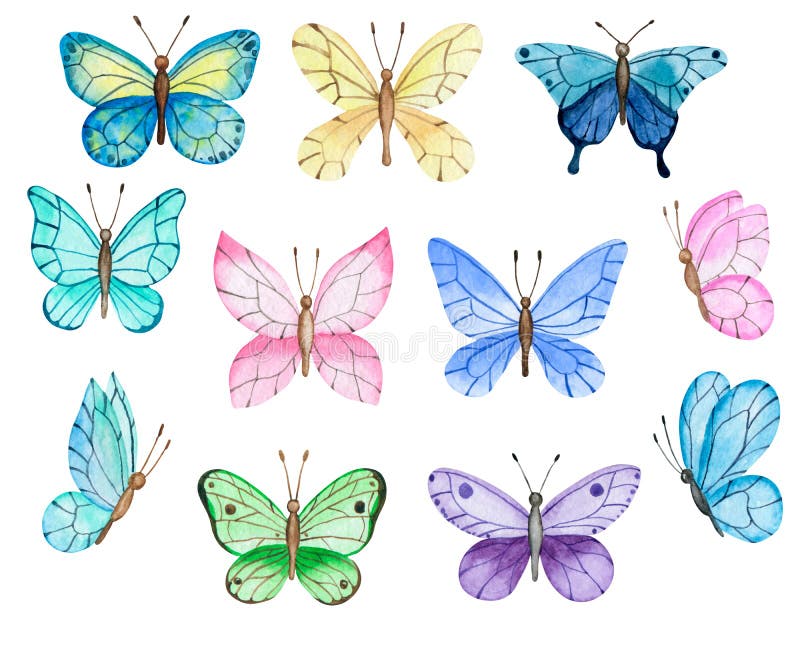 8025 Set of watercolor boho butterfly. Vintage summer isolated summer art. Watercolour clipart.