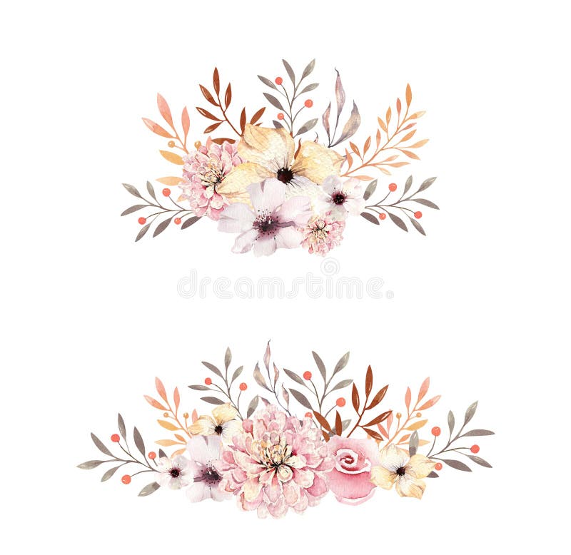 Set of watercolor boho floral bouquets. Watercolour bohemian natural frame: leaves, feathers, flowers, Isolated on white stock illustration Set of watercolor boho floral bouquets. Watercolour bohemian natural frame: leaves, feathers, flowers, Isolated on white stock illustration