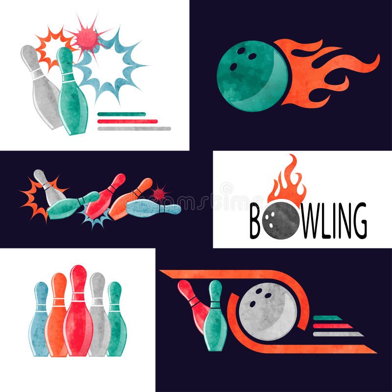 Set of Watercolor Colorful Bowling Logo, Icons and Symbols. Stock ...