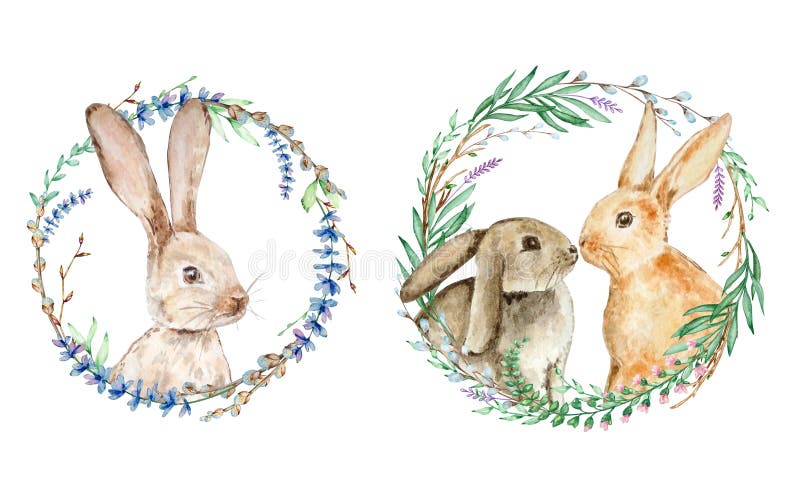 Set Watercolor Easter bunny with floral wreath