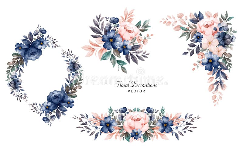 Set of watercolor floral frame bouquets of navy and peach roses and leaves. Botanic decoration illustration for wedding card