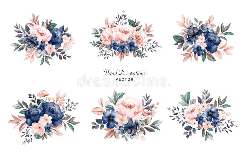 Floral Wedding Invitation Template Set with Navy and Peach Watercolor ...