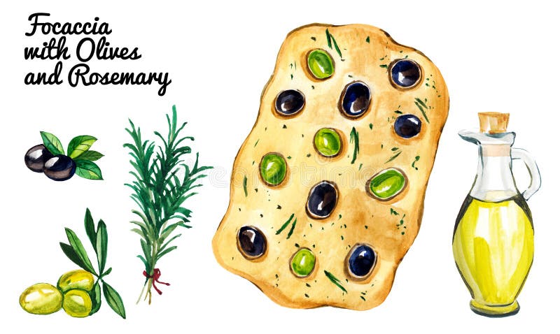 Set of watercolor focaccia with branch of rosemary and bottle of olive oil isolated on white background. Hand drawn illustration f