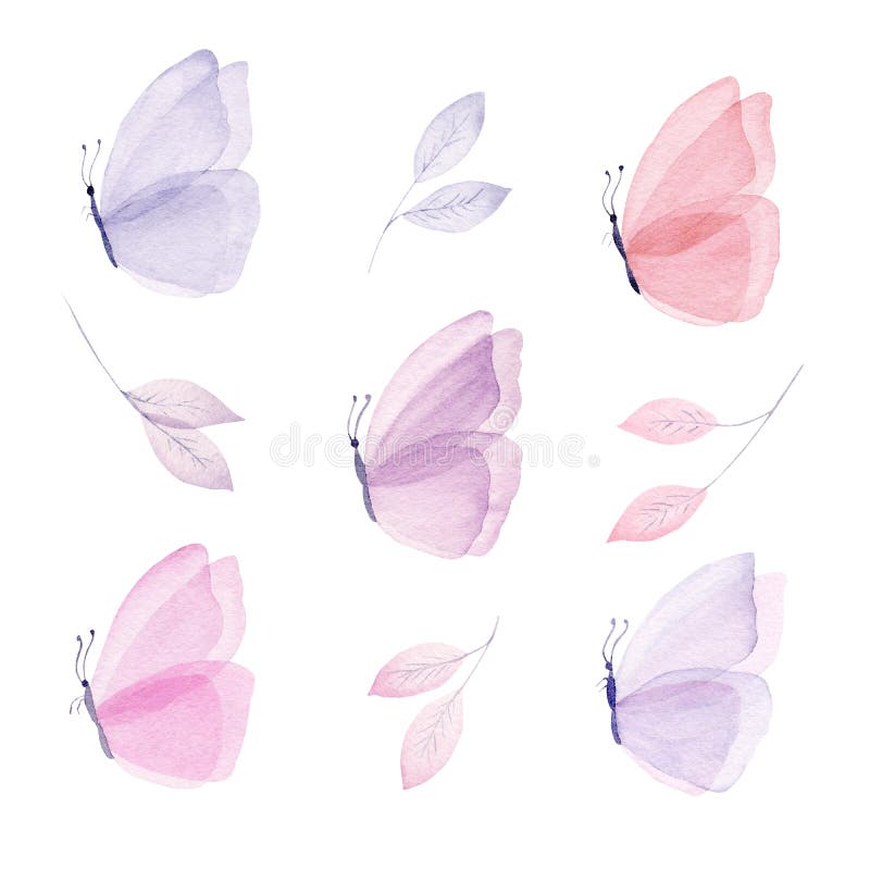 Set of watercolor illustrations with butterfly and leaf. Hand painted pastel color clipart.