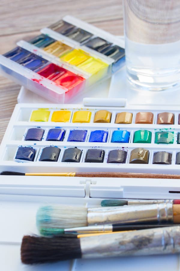 Set of Watercolor Paints with Brushes Stock Photo Image of house