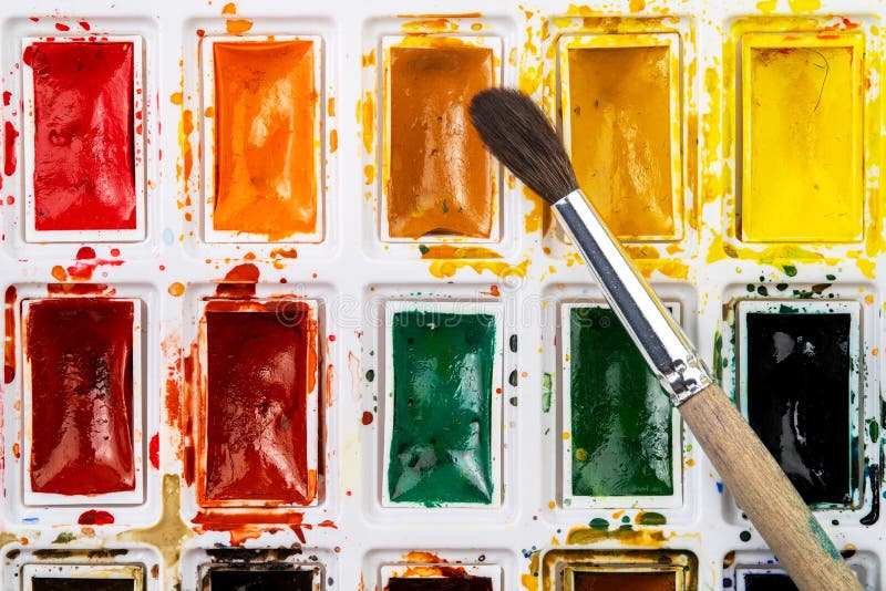 Set Watercolor Paints with Paintbrush. Art Concept Stock Photo Image