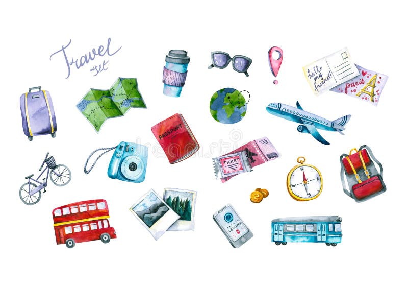 Travel set. Vector watercolor illustration. Stock Vector by