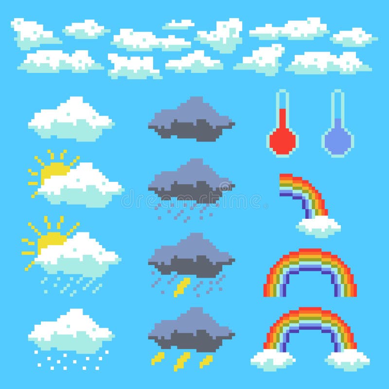 Set of weather pixel elements. Clouds, thunderclouds, rainbow. Vector illustration stock illustration Set of weather pixel elements. Clouds, thunderclouds, rainbow. Vector illustration stock illustration
