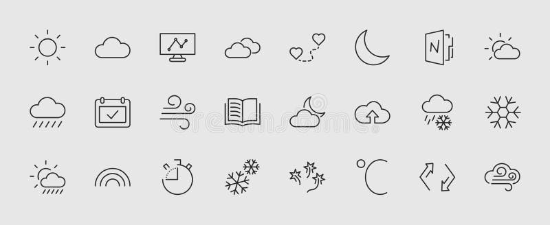 Set of weather vector line icons. Contains symbols of the sun, clouds, snowflakes, wind, rainbow, moon and much more. Editable move. 32x32 pixels