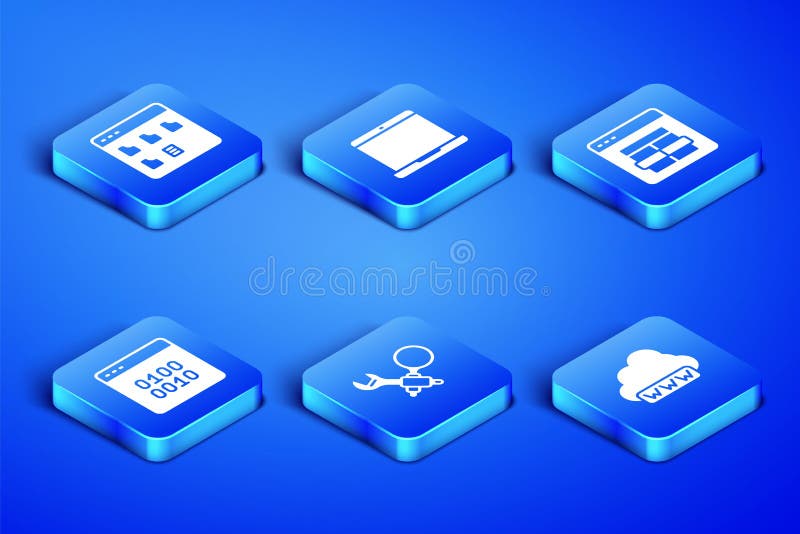 Set Web development, Browser files, Debugging, Binary code, Laptop and MySQL icon. Vector vector illustration