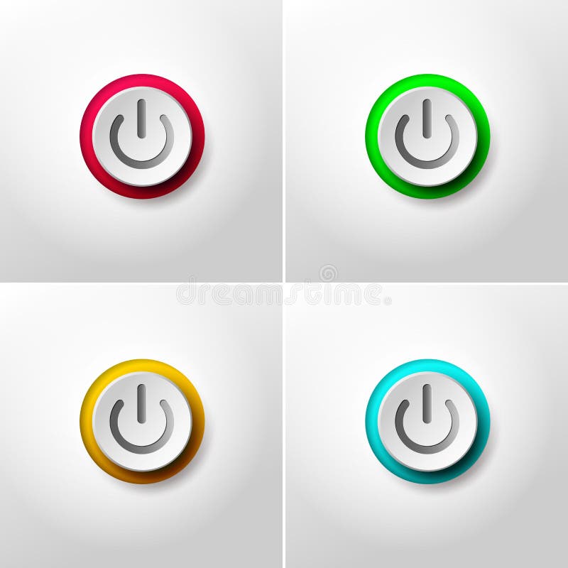 Set of web icon push button power. Red, green, yellow and blue colors. Vector illustration. Isolated on white background vector illustration