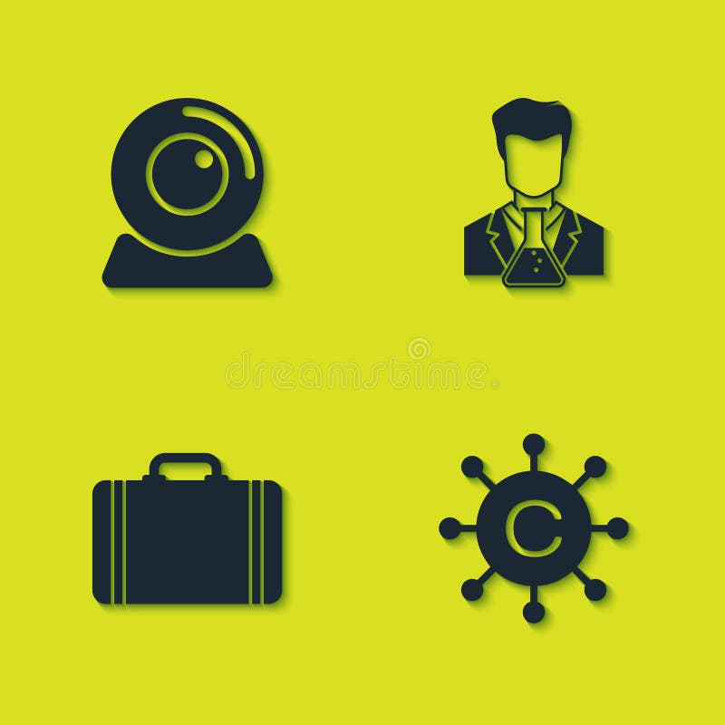 Set web-kamera copywriting netzwerk koffer für reise und wissenschaftler und testrohr-symbol. Vektor lizenzfreie abbildung
