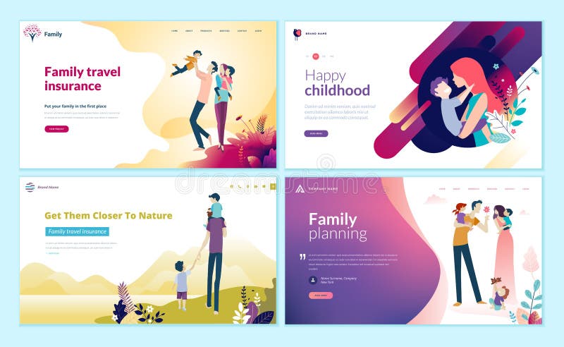Set of web page design templates for family planning, travel insurance, nature and healthy life.