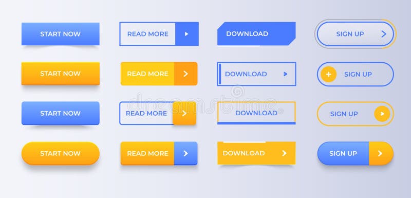 Set of web and ui application color buttons. Element design for website. Action buttons collection for navigation