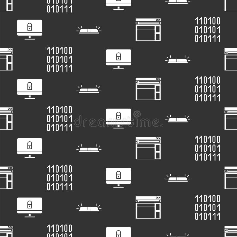 Set Website template, Binary code, Lock on computer monitor and Flasher siren on seamless pattern. Vector royalty free illustration