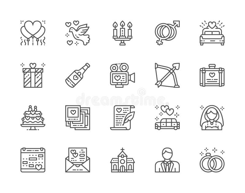 Set of Wedding Line Icons. Bridal Bed, Limousine, Bride, Bridegroom and more. stock illustration Set of Wedding Line Icons. Bridal Bed, Limousine, Bride, Bridegroom and more. stock illustration