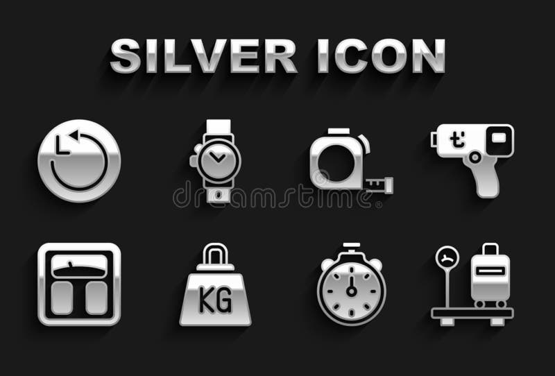 Set Weight Digital thermometer Scale with suitcase Stopwatch Bathroom scales Roulette construction Radius and Wrist icon. Vector. Set Weight Digital thermometer Scale with suitcase Stopwatch Bathroom scales Roulette construction Radius and Wrist icon. Vector.