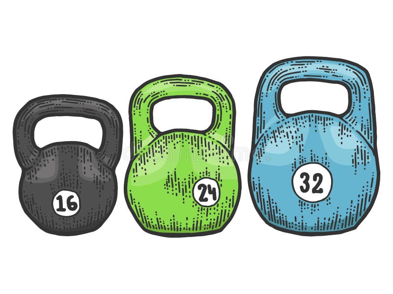 Set of weights for a sports club. Scratch board imitation. Color hand drawn image. Engraving vector illustration