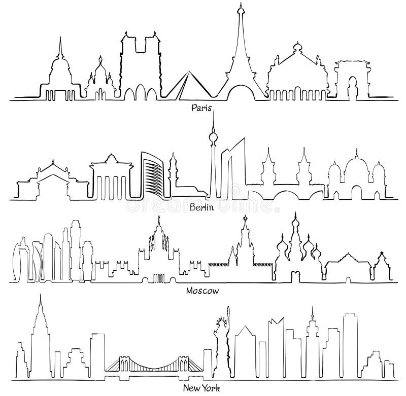 Set wektorowa miasto sylwetka Paryż, Berlin, Moskwa i Nowy Y, ilustracji Set wektorowa miasto sylwetka Paryż, Berlin, Moskwa i Nowy Y, ilustracji