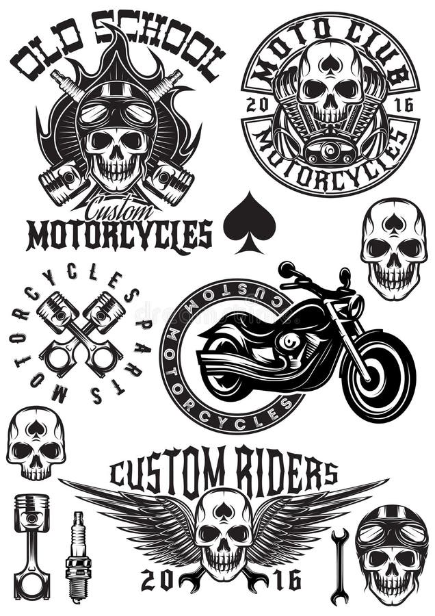 Set wektorowe odznaki, logowie, projektów elementy na tematów motocyklach z czaszkami ilustracja wektor Set wektorowe odznaki, logowie, projektów elementy na tematów motocyklach z czaszkami ilustracja wektor