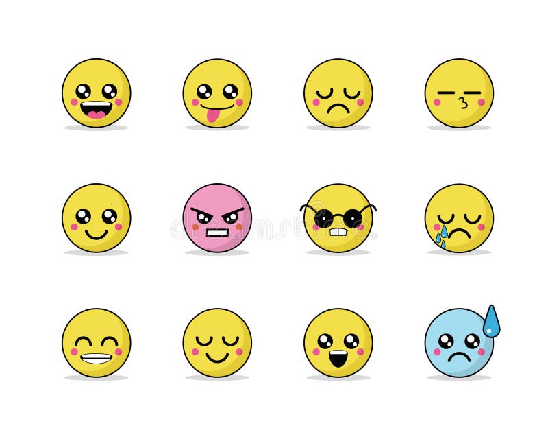 Set wektorowi emoticons w kreskowym stylu, emoji na białym tle śliczne ikony ilustracja wektor