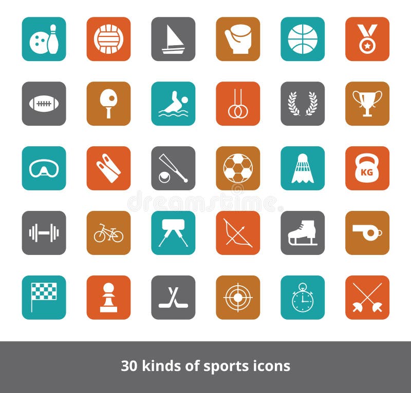 Set wektorowi płascy sieci ikon rodzaje sporty na barwionym kwadracie ilustracji Set wektorowi płascy sieci ikon rodzaje sporty na barwionym kwadracie ilustracji