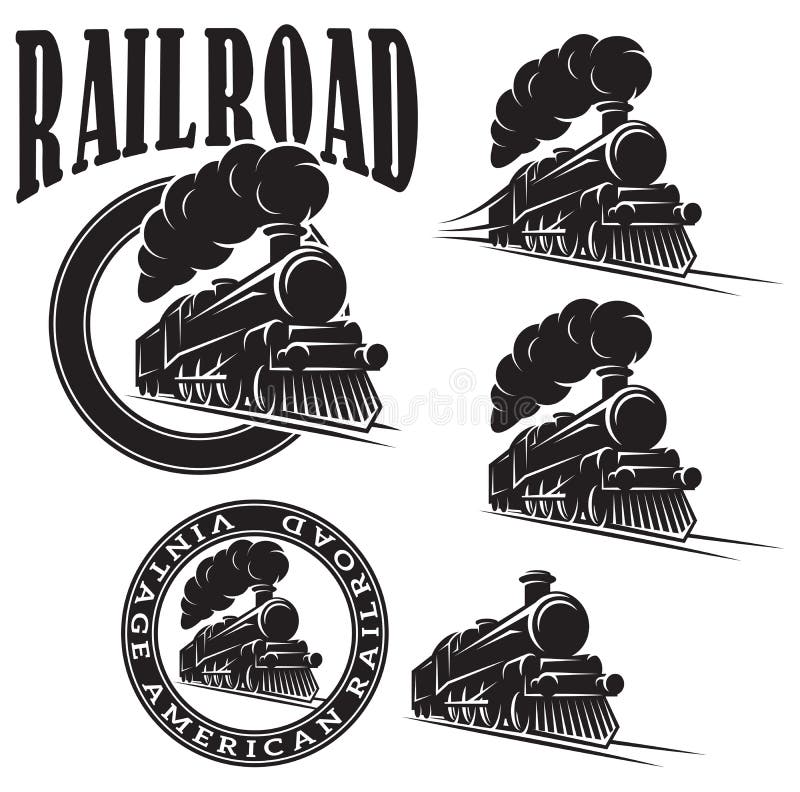 Set of vector templates with a locomotive, vintage train. Set of vector templates with a locomotive, vintage train