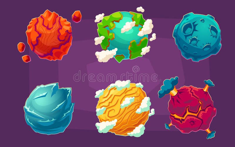 Set wektorowy kreskówek ilustracj fantazi obcy planetuje ilustracji Set wektorowy kreskówek ilustracj fantazi obcy planetuje ilustracji