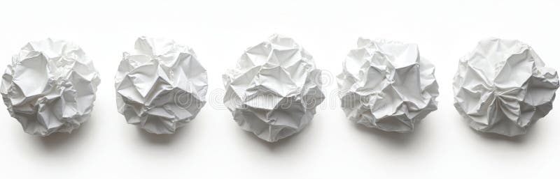 Set of white crumpled paper balls on transparent background. Isolated cutout for design. Many different design options. Concept stock photography