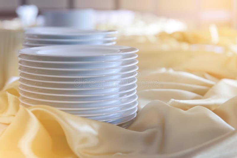 Set of White Dishes on Buffet Table. Food Concept Stock Photo Image