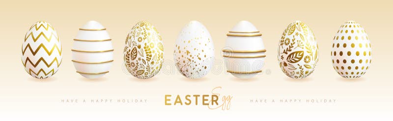 Set of white easter eggs with golden elements. Happy Easter holiday background. Greeting card or poster. royalty free illustration